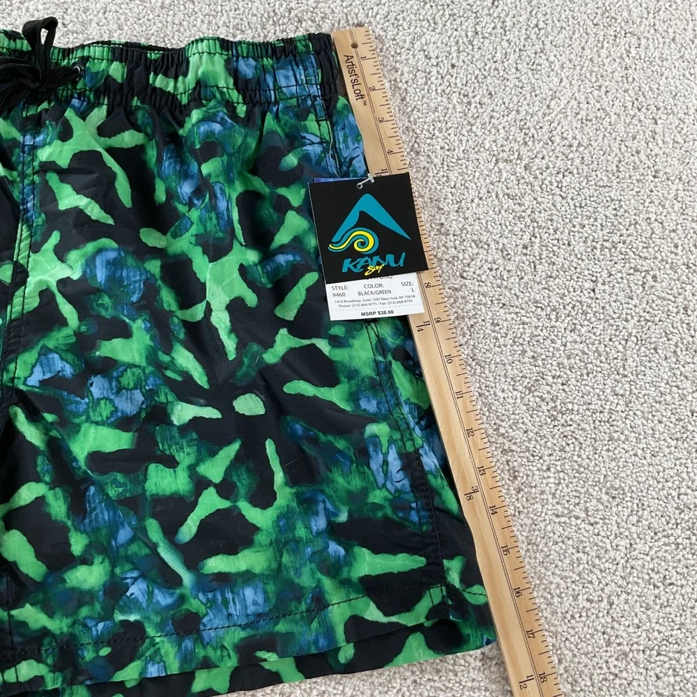 Kanu Surf Mens Hydro Swim Trunks Green Black‎ Abstract Camo Mesh Lined Large NEW
